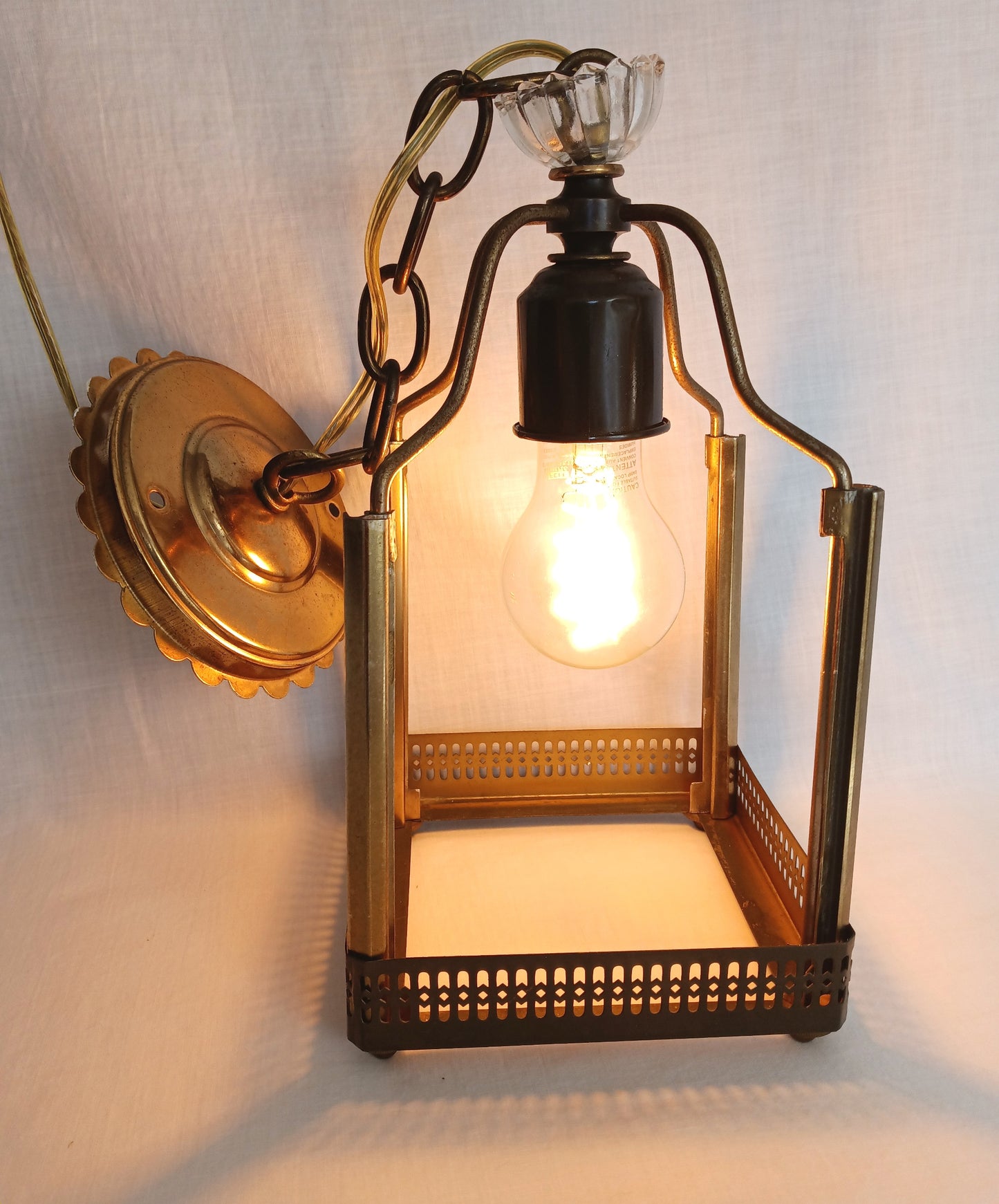Vintage Harmony House Lantern Pendant Ceiling Fixture Single Light Engraved Glass Floral Design Brass Chain Canopy Feit LED Bulb