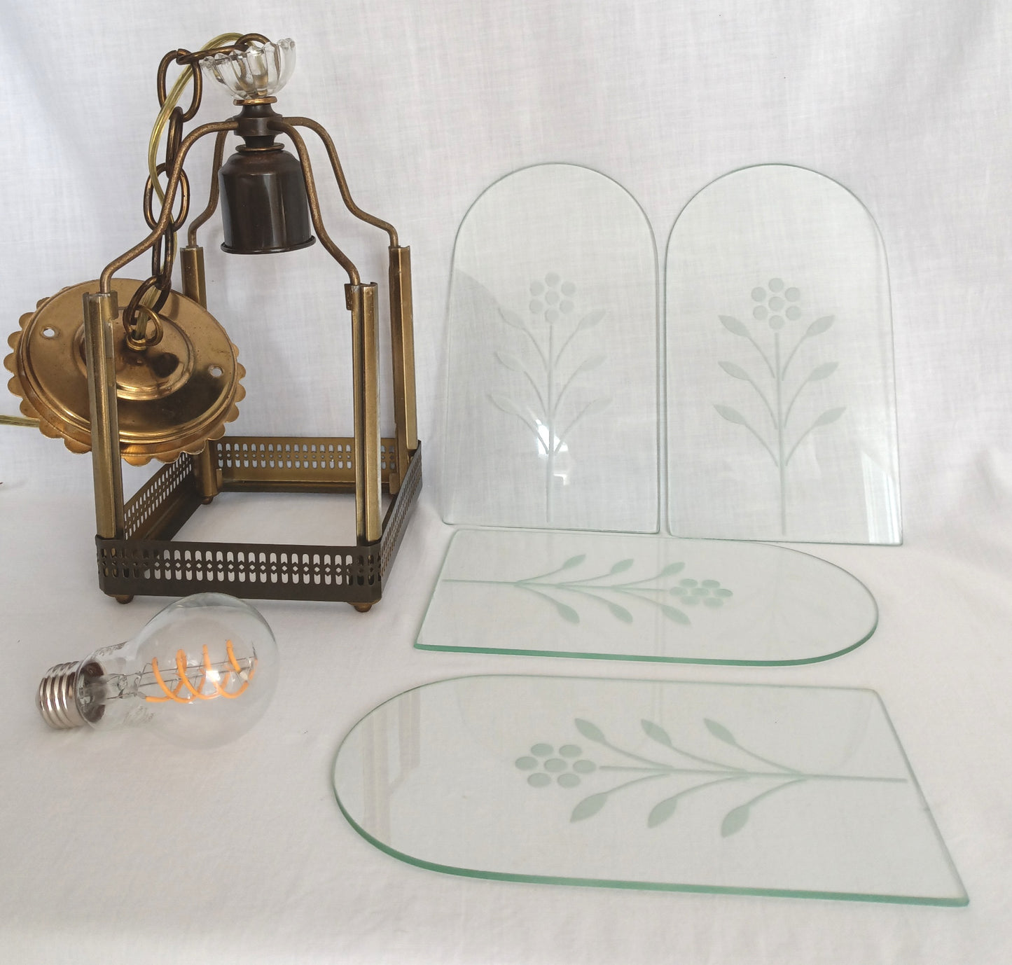 Vintage Harmony House Lantern Pendant Ceiling Fixture Single Light Engraved Glass Floral Design Brass Chain Canopy Feit LED Bulb