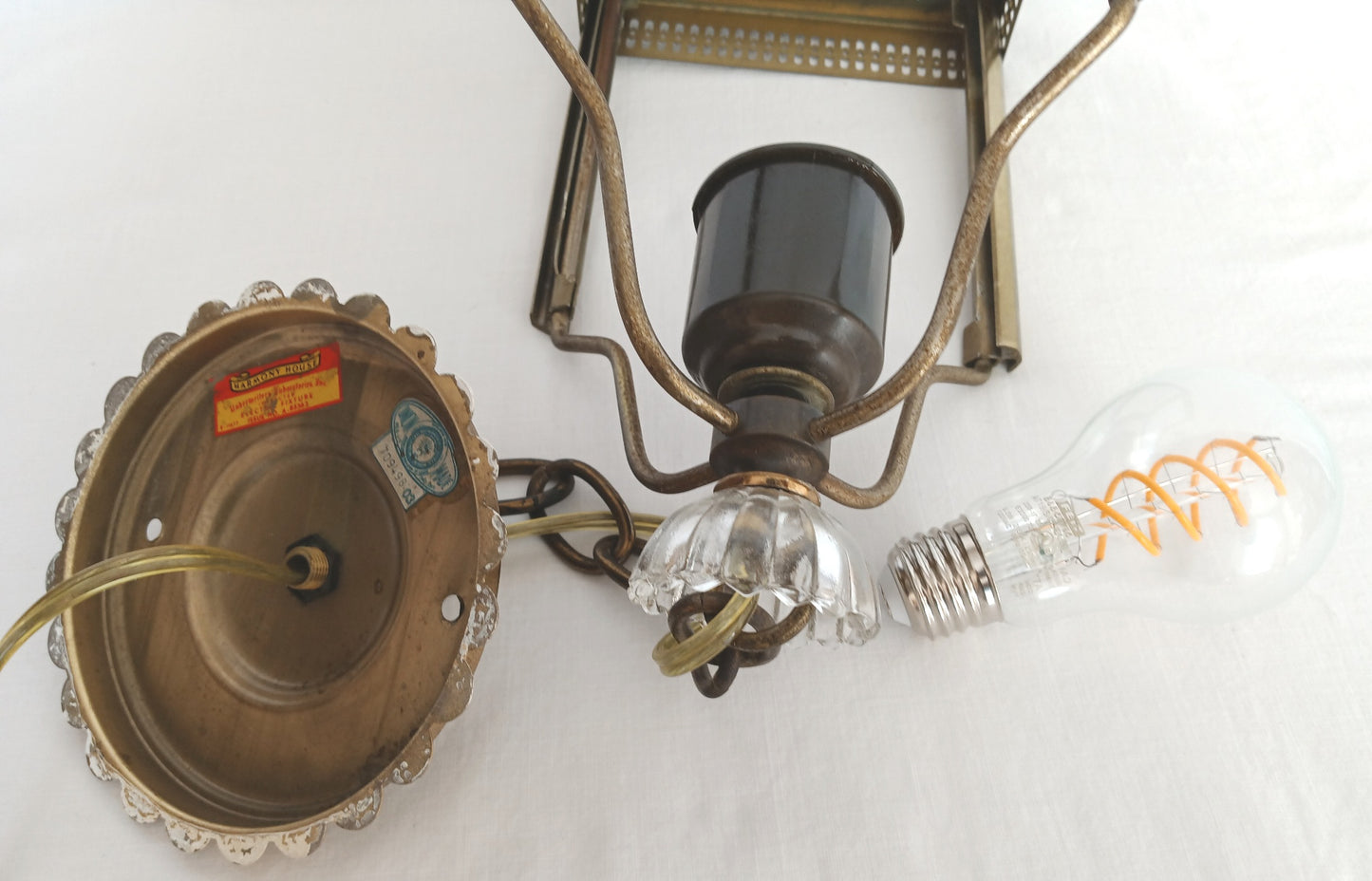 Vintage Harmony House Lantern Pendant Ceiling Fixture Single Light Engraved Glass Floral Design Brass Chain Canopy Feit LED Bulb