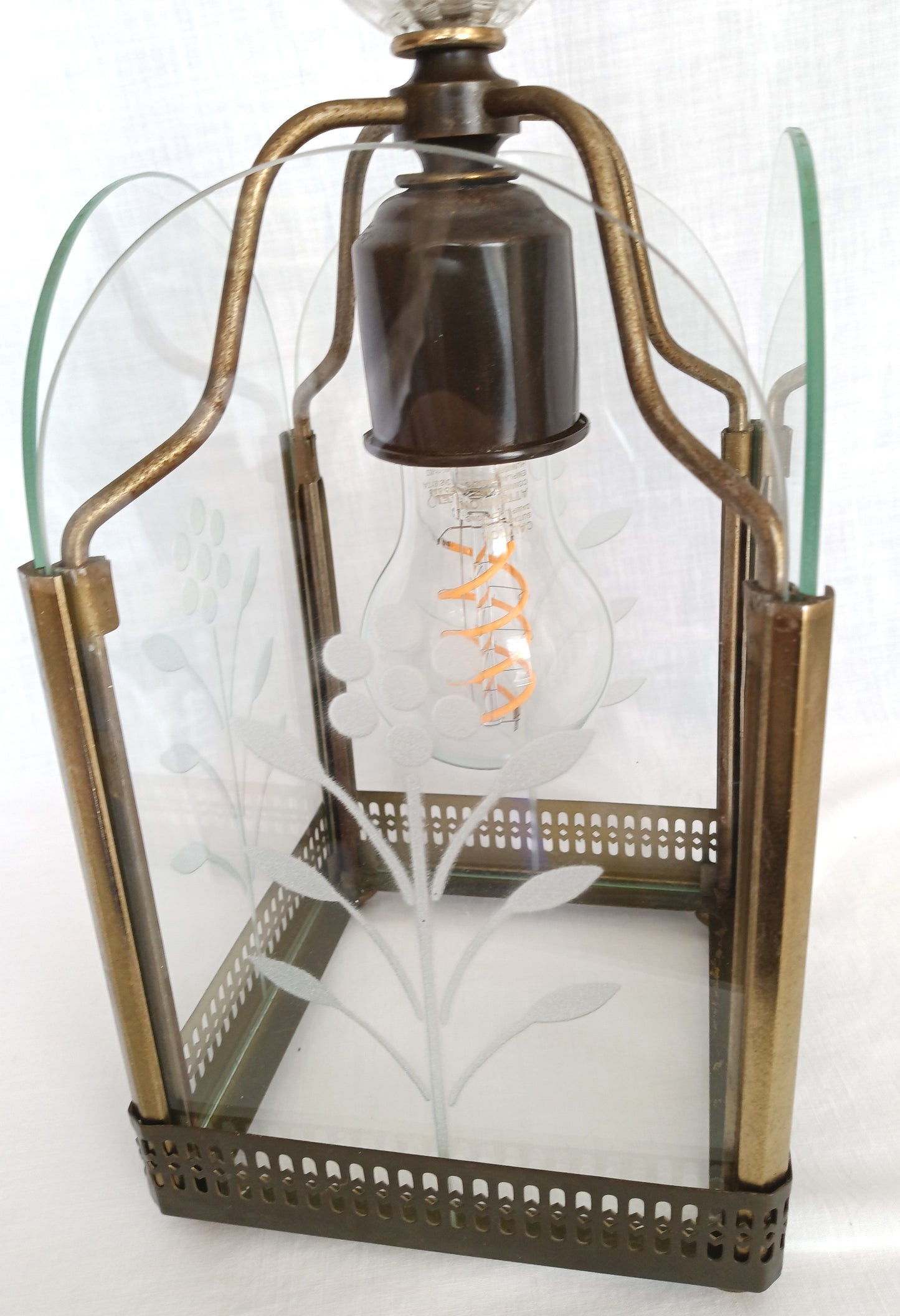Vintage Harmony House Lantern Pendant Ceiling Fixture Single Light Engraved Glass Floral Design Brass Chain Canopy Feit LED Bulb