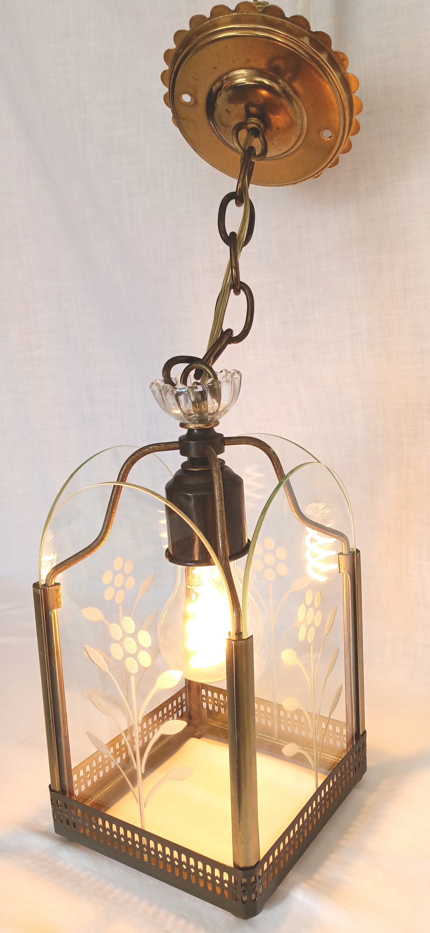 Vintage Harmony House Lantern Pendant Ceiling Fixture Single Light Engraved Glass Floral Design Brass Chain Canopy Feit LED Bulb