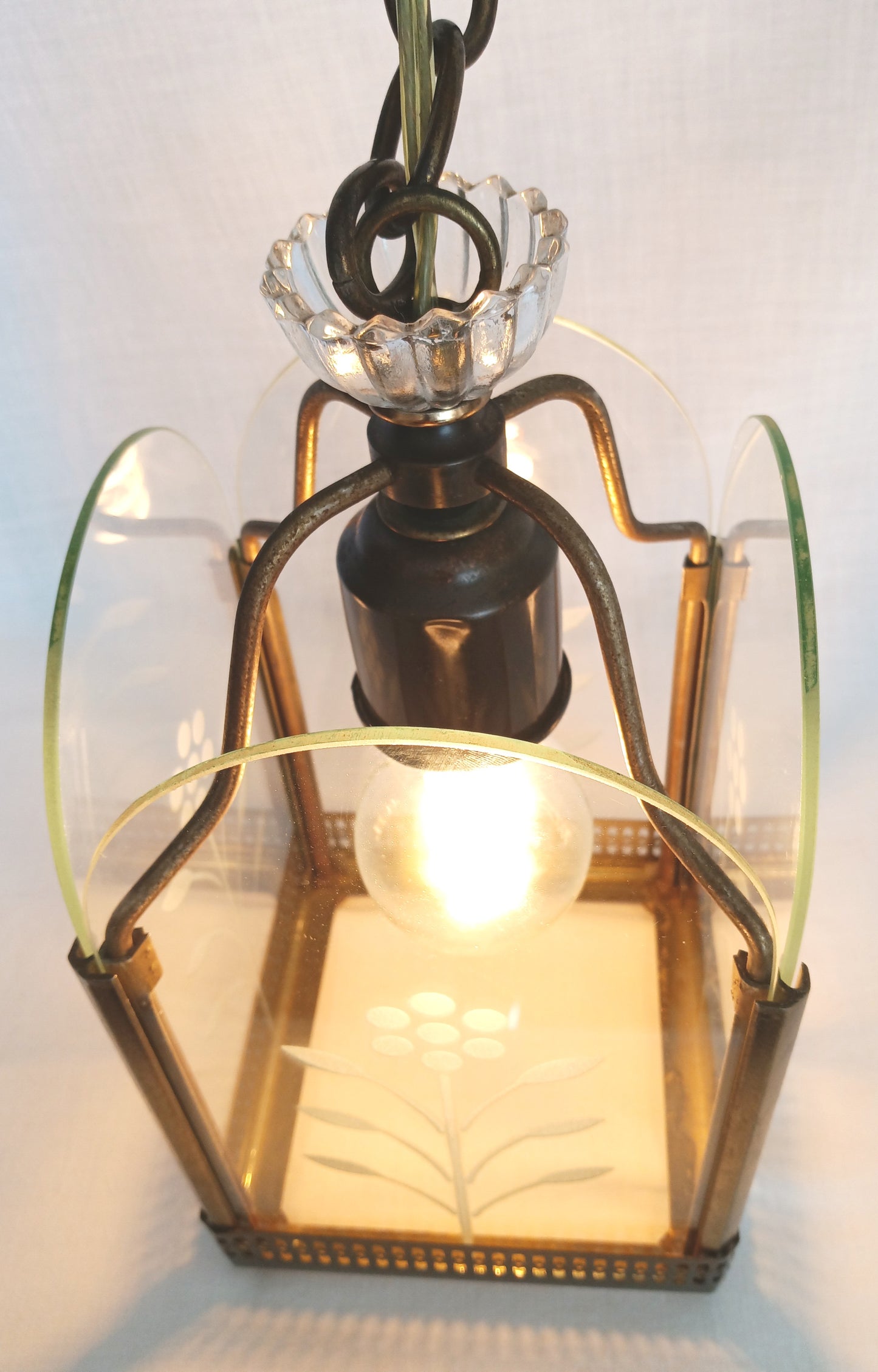 Vintage Harmony House Lantern Pendant Ceiling Fixture Single Light Engraved Glass Floral Design Brass Chain Canopy Feit LED Bulb