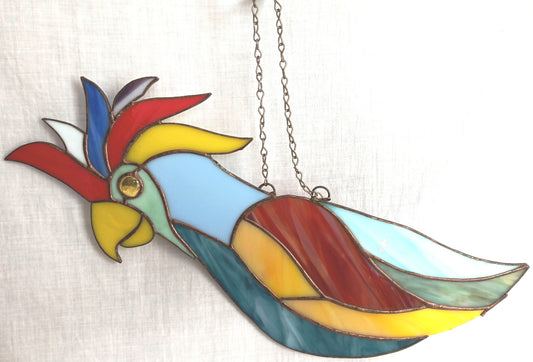Vintage Tiffany Style Stained Glass Large Colorful Parrot Window Sun Catcher w/ Chain Wall Hanging Ornament Bird Pendant Art Glass
