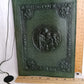 Vintage Rare Hand Tooled Embossed Leather Book Bible Cover Dark Green Portrait of Jesus Mary and Joseph- Made in Italy