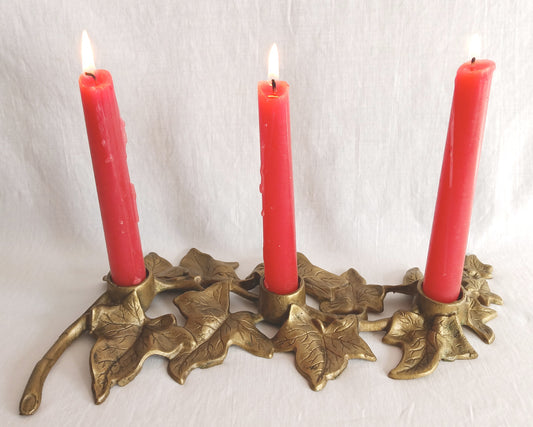 Vintage Art Nouveau Heavy Solid Brass Ivy Leaves Design Candle Holder 3 Tapers Candles Holder Rustic Table Centerpiece