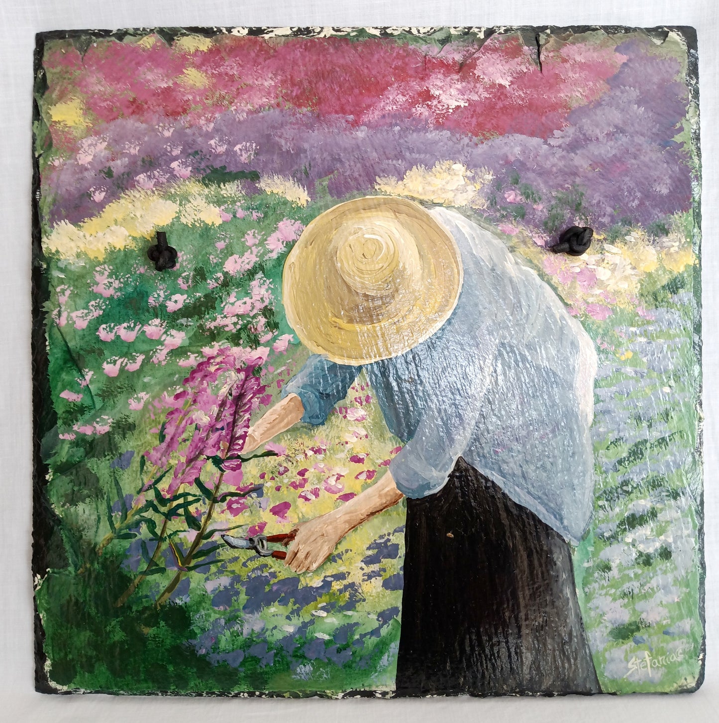 Vintage Hand Painted Antique Slate Woman Cutting Flowers Colorful Acrylic Paint on Old Tile Roof Slate Wall Hanging Art-Signed Stefania