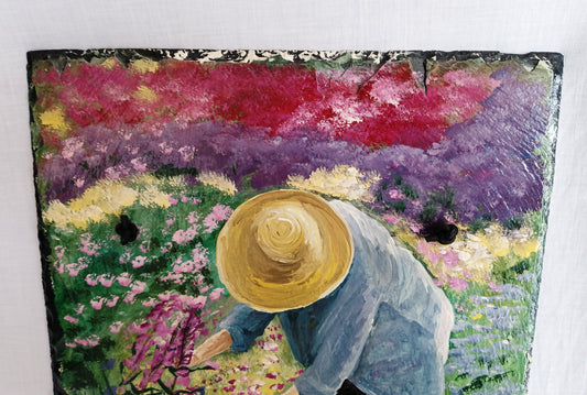 Vintage Hand Painted Antique Slate Woman Cutting Flowers Colorful Acrylic Paint on Old Tile Roof Slate Wall Hanging Art-Signed Stefania