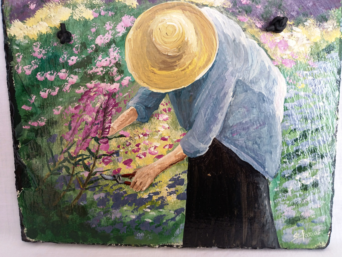 Vintage Hand Painted Antique Slate Woman Cutting Flowers Colorful Acrylic Paint on Old Tile Roof Slate Wall Hanging Art-Signed Stefania