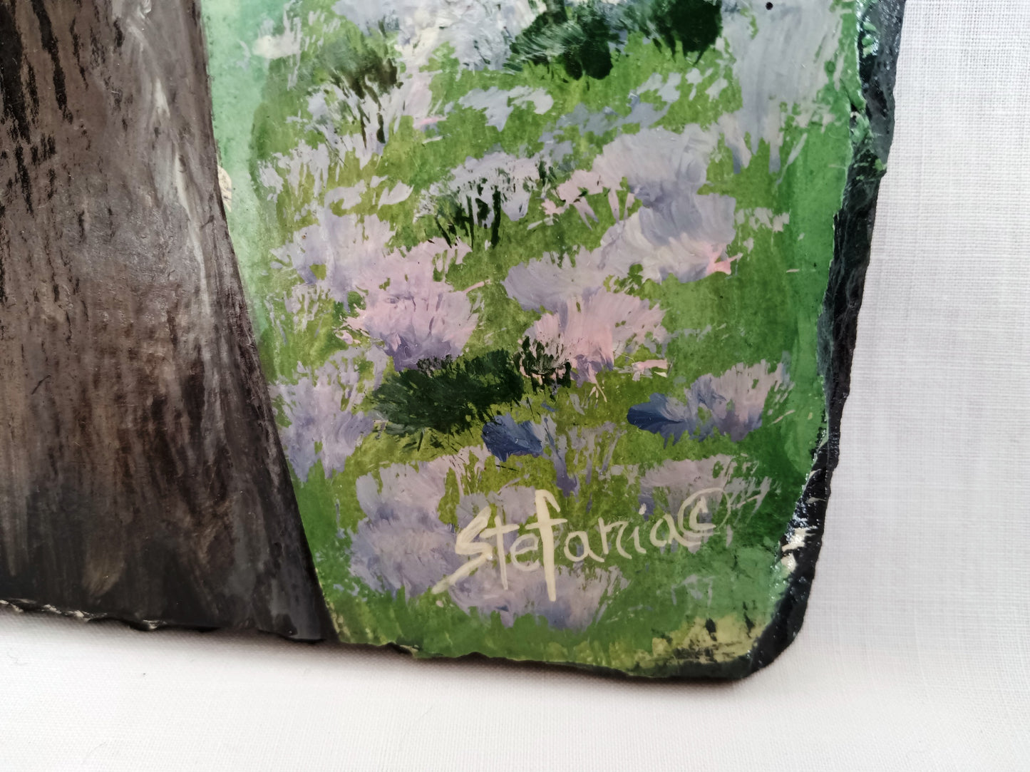 Vintage Hand Painted Antique Slate Woman Cutting Flowers Colorful Acrylic Paint on Old Tile Roof Slate Wall Hanging Art-Signed Stefania
