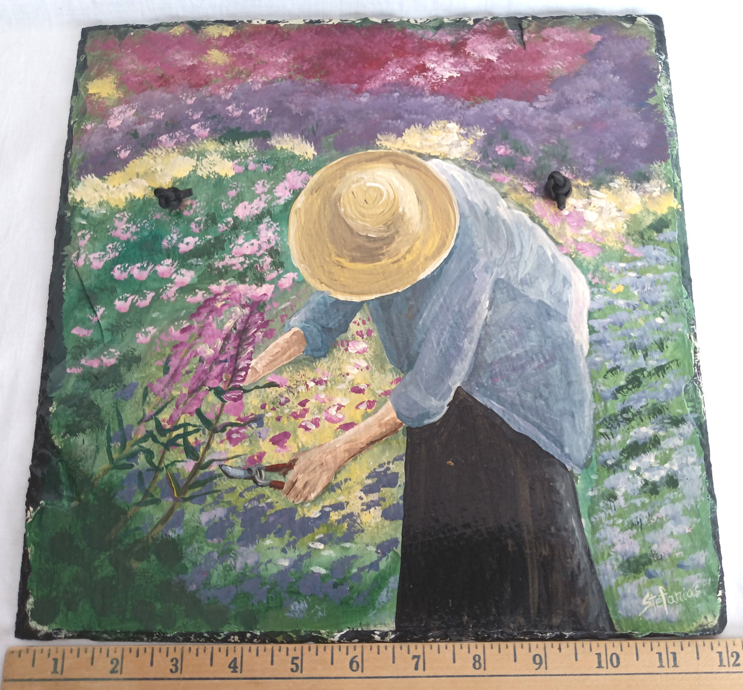 Vintage Hand Painted Antique Slate Woman Cutting Flowers Colorful Acrylic Paint on Old Tile Roof Slate Wall Hanging Art-Signed Stefania