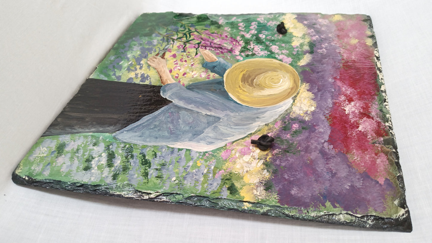 Vintage Hand Painted Antique Slate Woman Cutting Flowers Colorful Acrylic Paint on Old Tile Roof Slate Wall Hanging Art-Signed Stefania