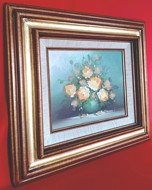 Vintage Oil Painting on Canvas Flowers Bouquet in a Vase Floral Design Double Matted Frames Gold Accent Wall Art Signed R. Thomas