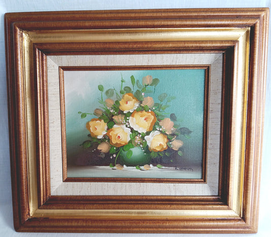 Vintage Oil Painting on Canvas Flowers Bouquet in a Vase Floral Design Double Matted Frames Gold Accent Wall Art Signed R. Thomas