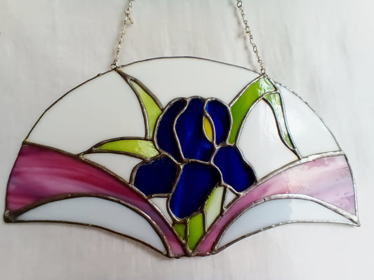 Vintage Arts & Crafts Stained Glass Iris Flower Suncatcher w/ Beaded Metal Chain Hanging Window Ornament Wall Art Home Decor