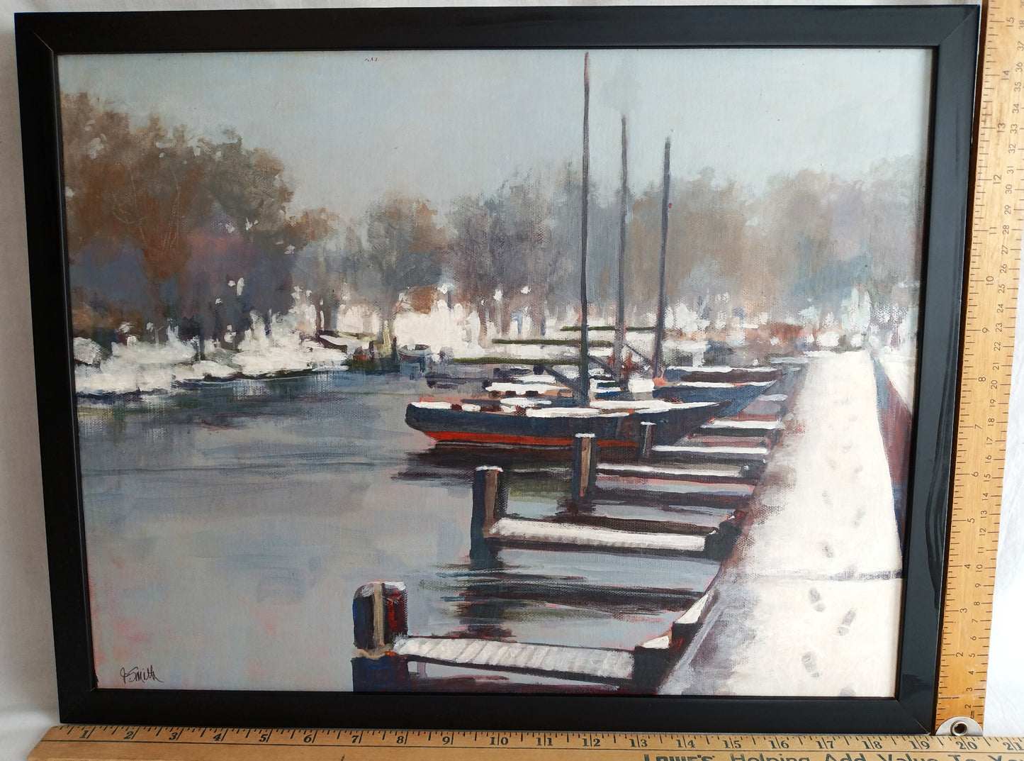 Vintage Nautical Art Painting Horizontal Acrylic Paint on Canvas “Footprints in the Snow” Pier Boats Beach Coastal Décor Signed J. Smith
