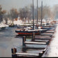 Vintage Nautical Art Painting Horizontal Acrylic Paint on Canvas “Footprints in the Snow” Pier Boats Beach Coastal Décor Signed J. Smith