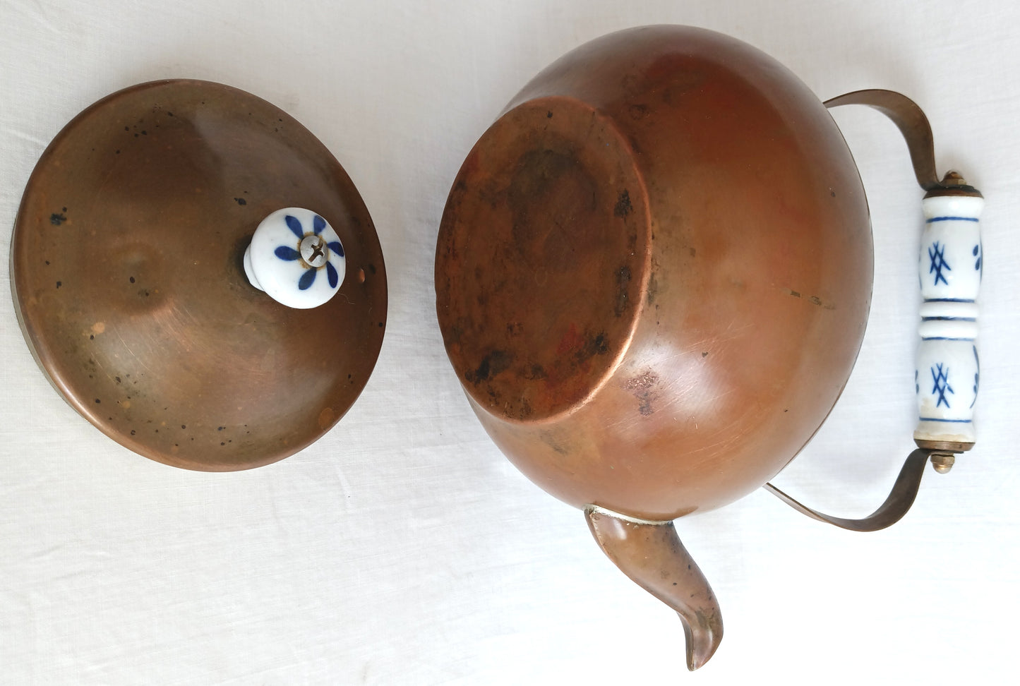 Vintage Copper Small Teapot with Blue Delft Porcelain Ceramic Handle and Knob Lidded Gooseneck Spout Tea Kettle Dutch Copperware Kitchen Country Decor