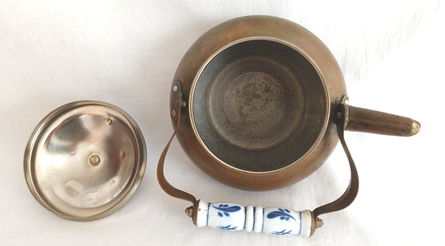 Vintage Copper Small Teapot with Blue Delft Porcelain Ceramic Handle and Knob Lidded Gooseneck Spout Tea Kettle Dutch Copperware Kitchen Country Decor
