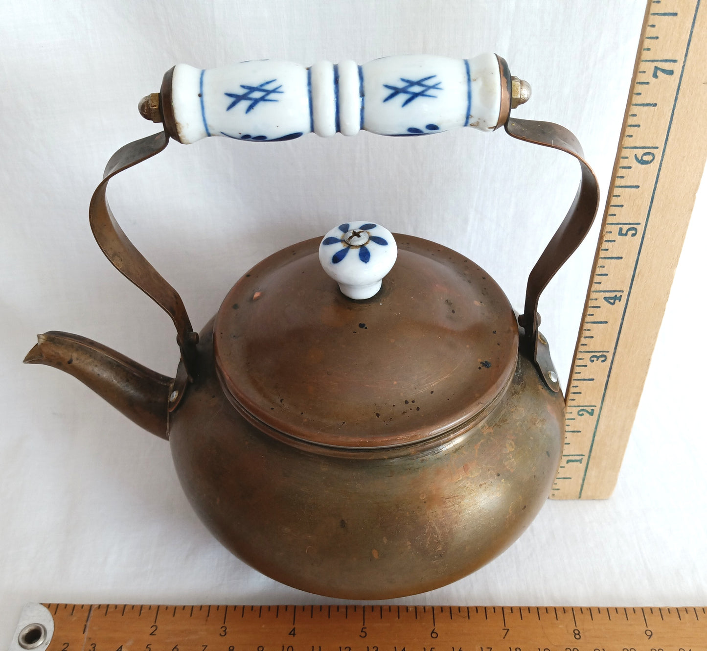 Vintage Copper Small Teapot with Blue Delft Porcelain Ceramic Handle and Knob Lidded Gooseneck Spout Tea Kettle Dutch Copperware Kitchen Country Decor