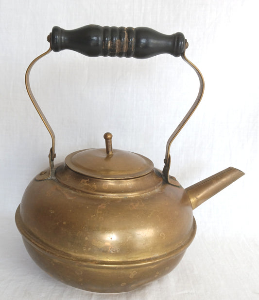 Antique S&C Trademark Brass Small Teapot with Wooden Spindle Handle Lidded Straight Spout Tea Kettle Pot Kitchen Country Decor