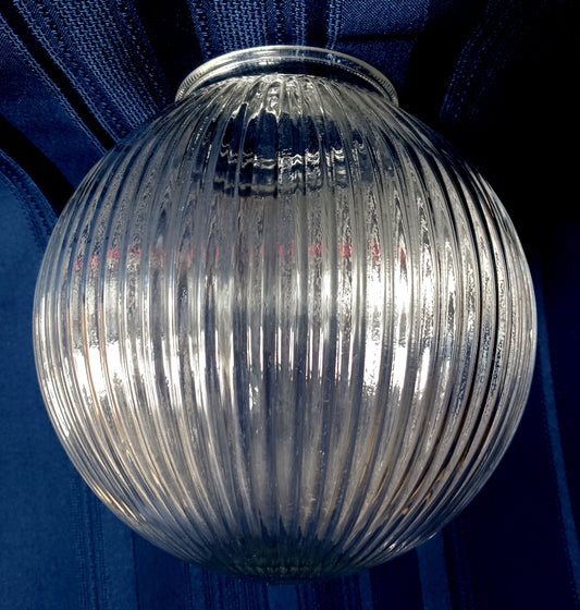 Vintage MCM Clear Glass Light Shade Ball Ribbed Holophane Style Flush Mount Ceiling Fan Sconce Replacement Globe Retro Lighting 3 ¼” Fitter