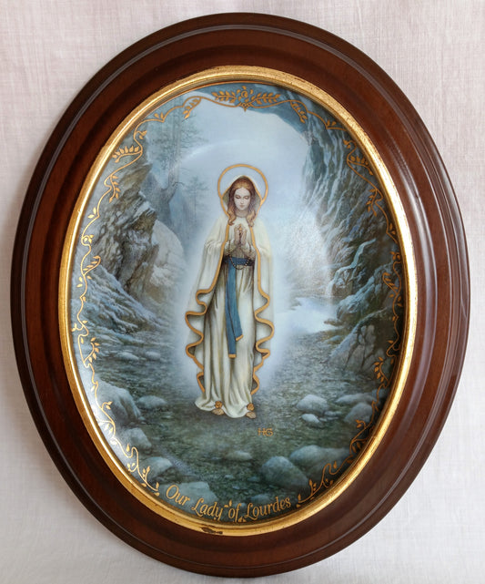 Vintage Porcelain Gilt Wooden Plaque "Our Lady of Lourdes" by Hector Garrido Religious Bradex Exchange Limited Edition Collectible Plate # 1394H