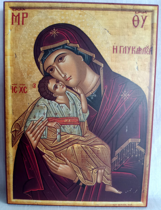 Vintage Holy Virgin Mary Sweet Kiss "Glykophilousa" with Jesus Icon Art Plaque Greek Orthodox Christian Church Home Décor