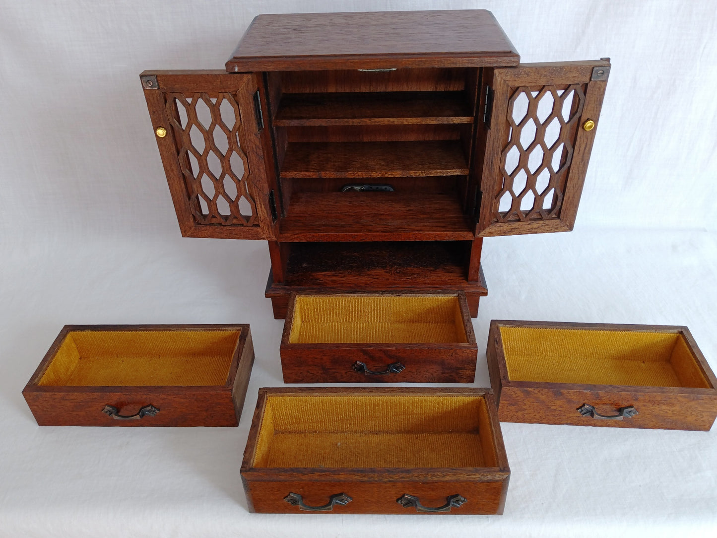 Vintage Wooden Musical Jewelry Box - Royal Sealy Quality Imports Lattice Design Doors 4 Drawers Gold Lining Fabric Copper Accents - Japan