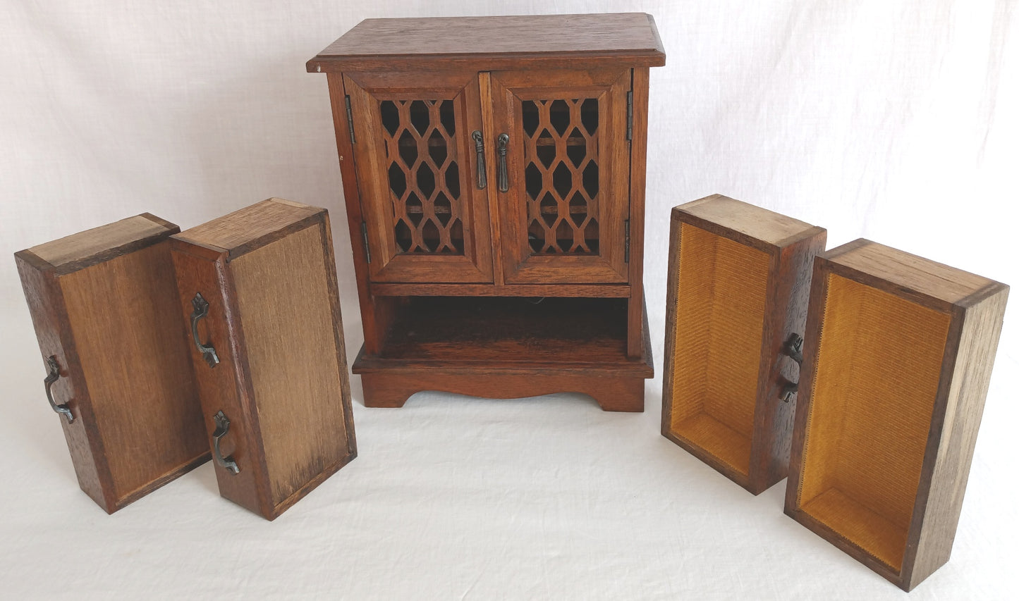 Vintage Wooden Musical Jewelry Box - Royal Sealy Quality Imports Lattice Design Doors 4 Drawers Gold Lining Fabric Copper Accents - Japan