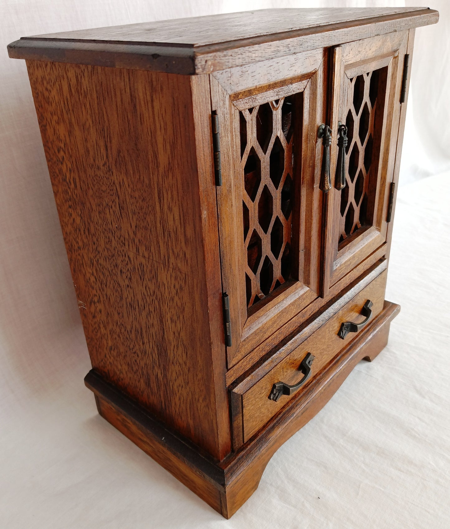 Vintage Wooden Musical Jewelry Box - Royal Sealy Quality Imports Lattice Design Doors 4 Drawers Gold Lining Fabric Copper Accents - Japan
