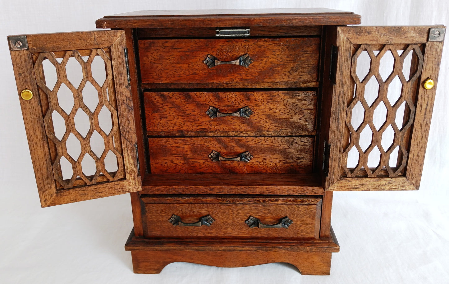 Vintage Wooden Musical Jewelry Box - Royal Sealy Quality Imports Lattice Design Doors 4 Drawers Gold Lining Fabric Copper Accents - Japan
