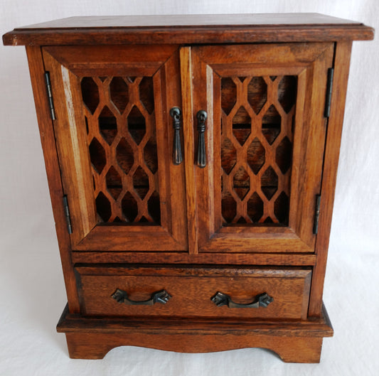 Vintage Wooden Musical Jewelry Box - Royal Sealy Quality Imports Lattice Design Doors 4 Drawers Gold Lining Fabric Copper Accents - Japan