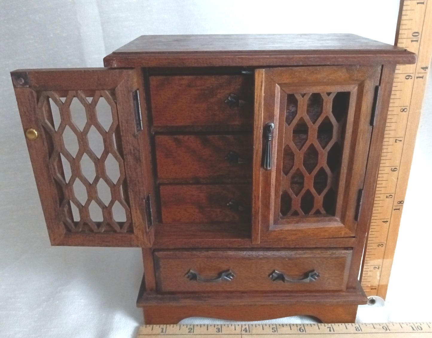 Vintage Wooden Musical Jewelry Box - Royal Sealy Quality Imports Lattice Design Doors 4 Drawers Gold Lining Fabric Copper Accents - Japan