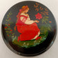 Vintage Ukrainian Lacquer Metal Trinket Pill Ring Box Hand-Painted Young Woman Fairy-Tale Folk-Art Jewelry Mini Box Scrolled Gold Trim-Signed TI