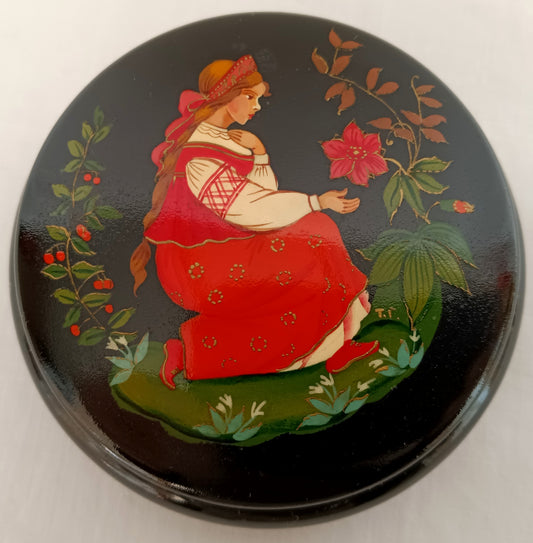 Vintage Ukrainian Lacquer Metal Trinket Pill Ring Box Hand-Painted Young Woman Fairy-Tale Folk-Art Jewelry Mini Box Scrolled Gold Trim-Signed TI