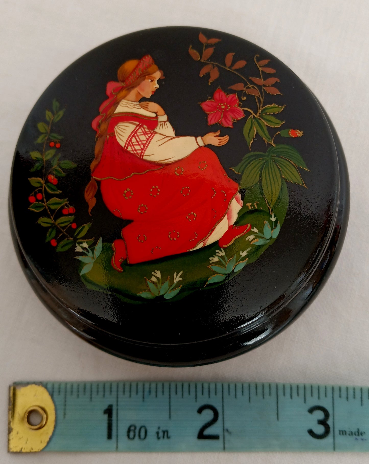 Vintage Ukrainian Lacquer Metal Trinket Pill Ring Box Hand-Painted Young Woman Fairy-Tale Folk-Art Jewelry Mini Box Scrolled Gold Trim-Signed TI