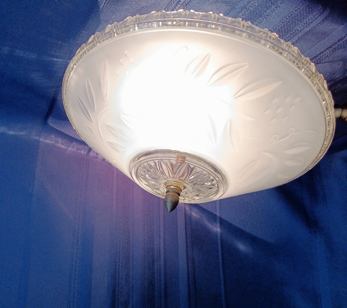 Vintage Art Deco Lampshade Heavy Frosted Clear Glass Inside Embossed Grapes Design Center Sunflower Ceiling Pendant Hanging Fixture Domed Shade Brass Finial Retro Lighting 12” D
