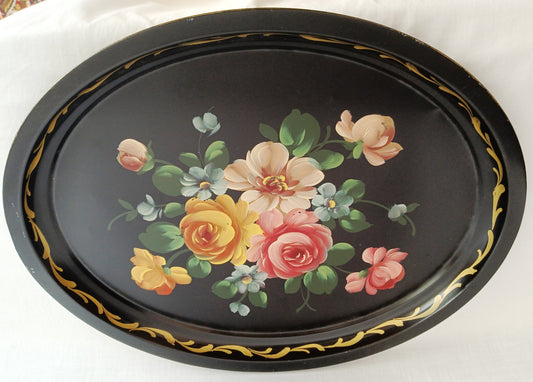 Victorian Style Hand Painted Metal Large Serving Tray Oval Black Flowers Gold Accent Toleware Decorative Tray Shabby-Chic Decor - Vintage