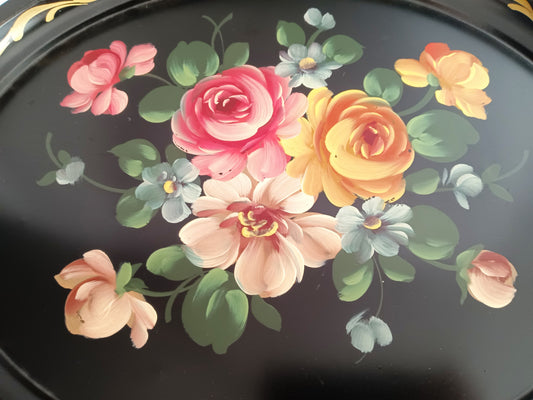 Victorian Style Hand Painted Metal Large Serving Tray Oval Black Flowers Gold Accent Toleware Decorative Tray Shabby-Chic Decor - Vintage