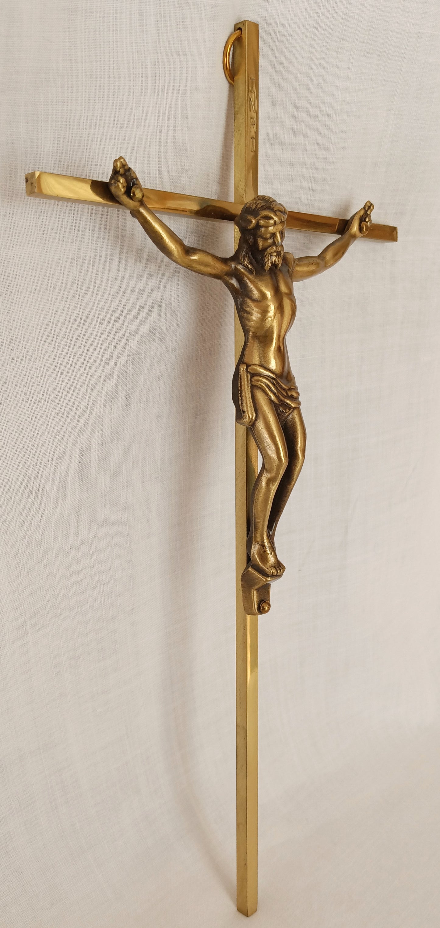 Vintage Slender Cross Catholic Wall Hanging Décor Jesus Christ Corpus Religious Crucifix Shiny Golden Metal 10 Inches Tall-NOS-NIB