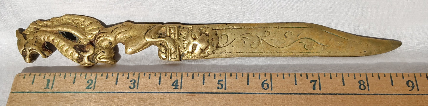 Vintage Solid Brass Letter Opener Dragon Lion Motifs Decorative Mail Opener Desk Accessory 9" Long