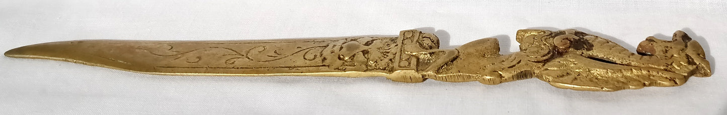 Vintage Solid Brass Letter Opener Dragon Lion Motifs Decorative Mail Opener Desk Accessory 9" Long