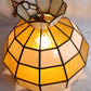 Vintage Tiffany Style Handcrafted Swag Pendant Hanging Lamp Ivory Yellow Amber Textured Stained Glass Slag Brass Canopy Chain Art Glass