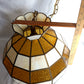 Vintage Tiffany Style Handcrafted Swag Pendant Hanging Lamp Ivory Yellow Amber Textured Stained Glass Slag Brass Canopy Chain Art Glass
