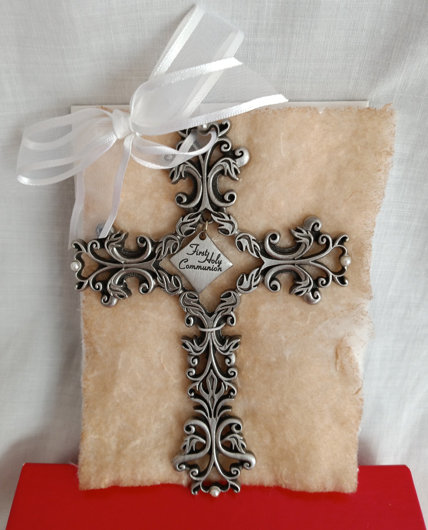 Vintage First Holy Communion Antique Pewter Finishes Pearls Accent Catholic Cross Christianity Wall Crucifix NOS-NIB