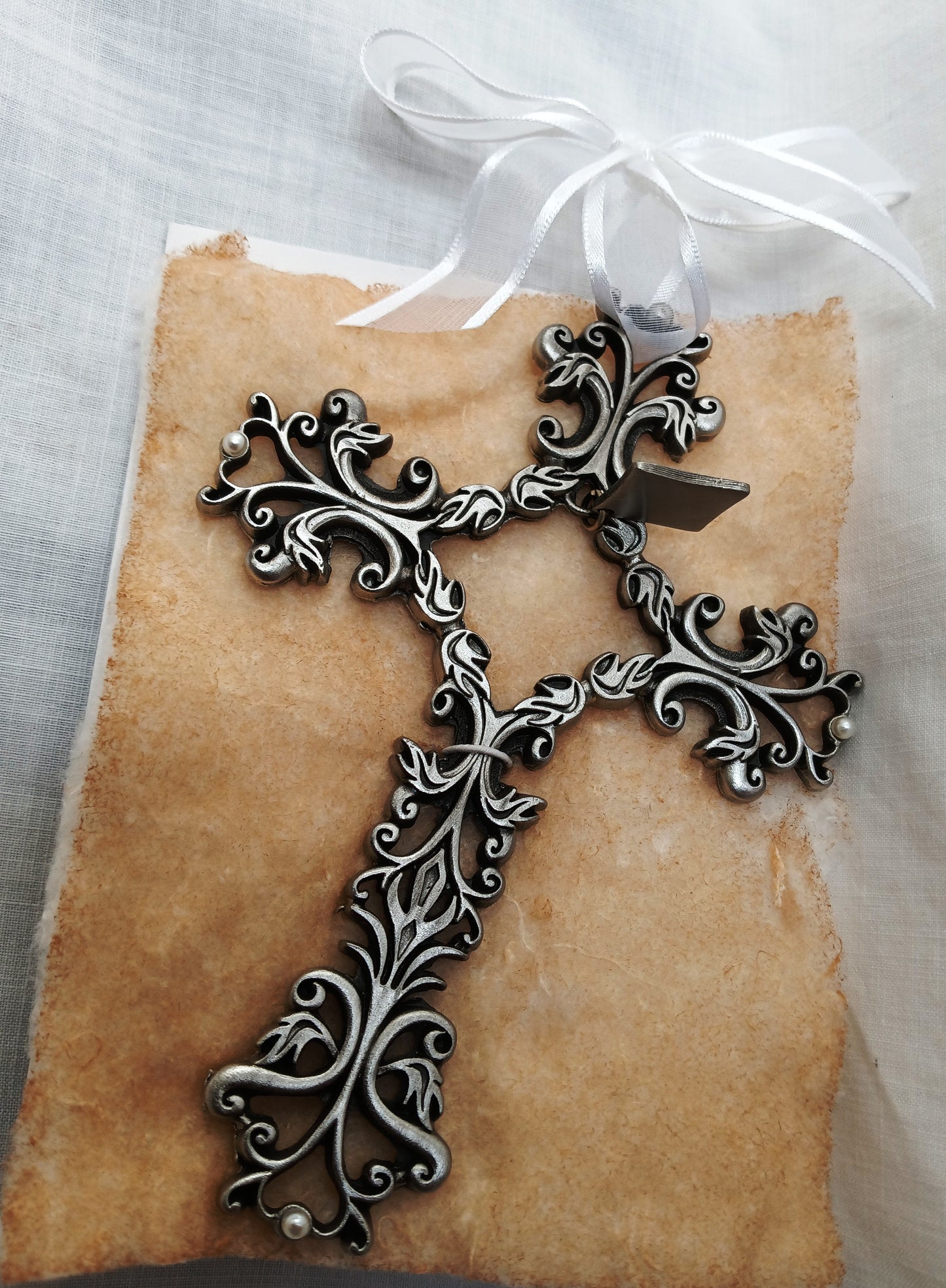 Vintage First Holy Communion Antique Pewter Finishes Pearls Accent Catholic Cross Christianity Wall Crucifix NOS-NIB
