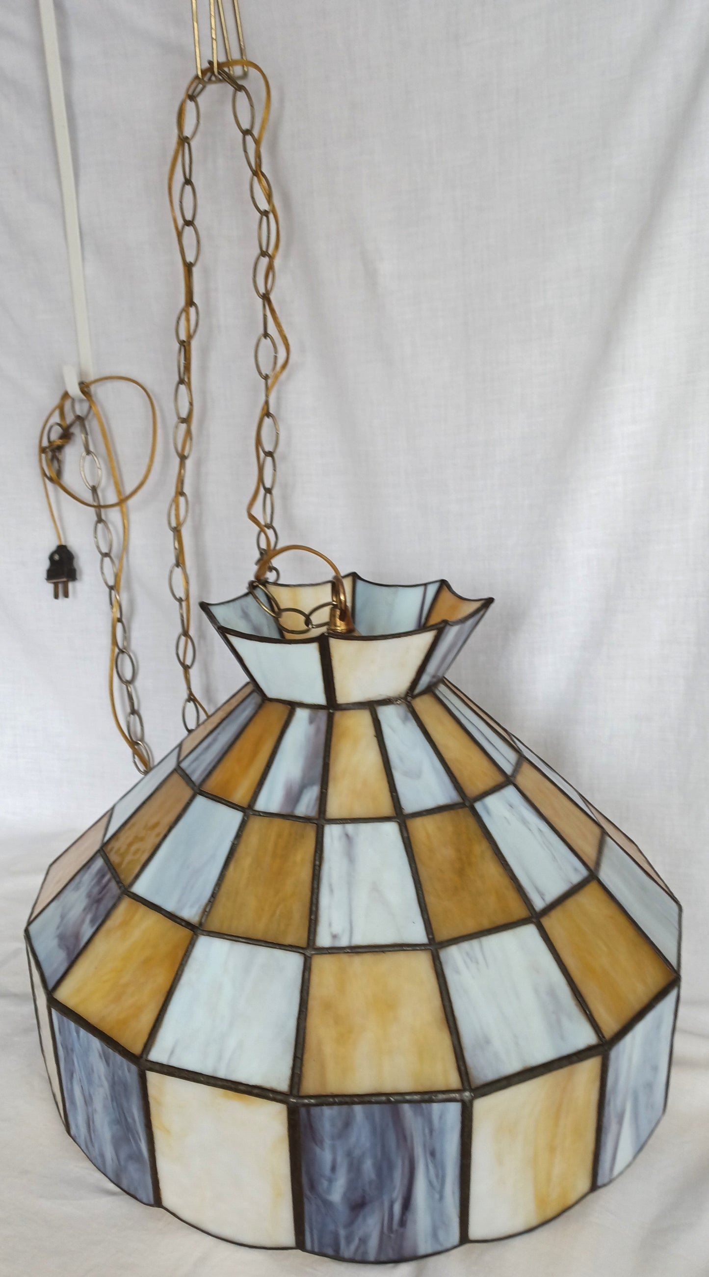 Pendant Ceiling Hanging Swag Lamp Tiffany Style Leaded Blue Yellow Tones Slag Glass Dome Shade Milk Glass Globe One Light Chain Plug In