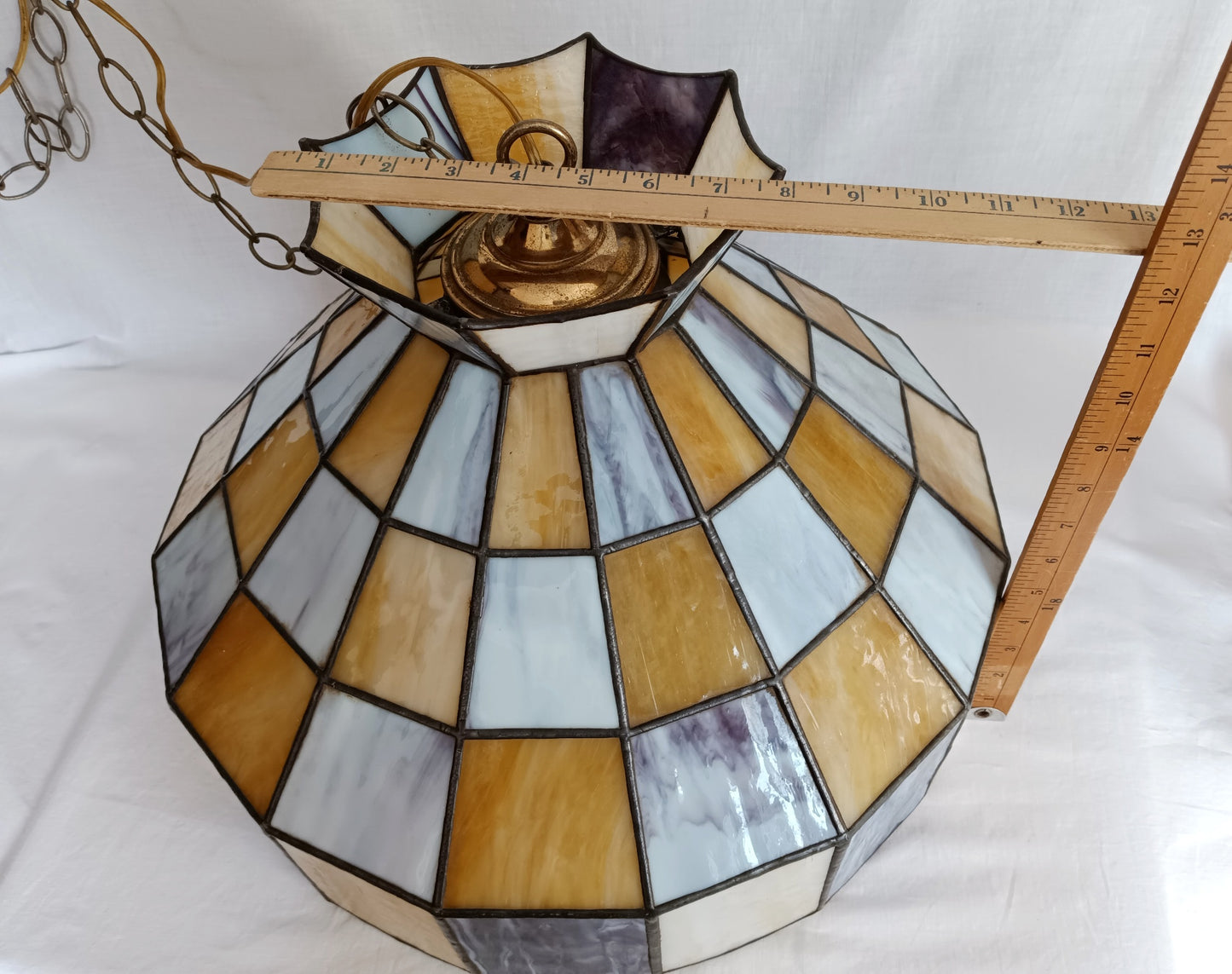 Pendant Ceiling Hanging Swag Lamp Tiffany Style Leaded Blue Yellow Tones Slag Glass Dome Shade Milk Glass Globe One Light Chain Plug In