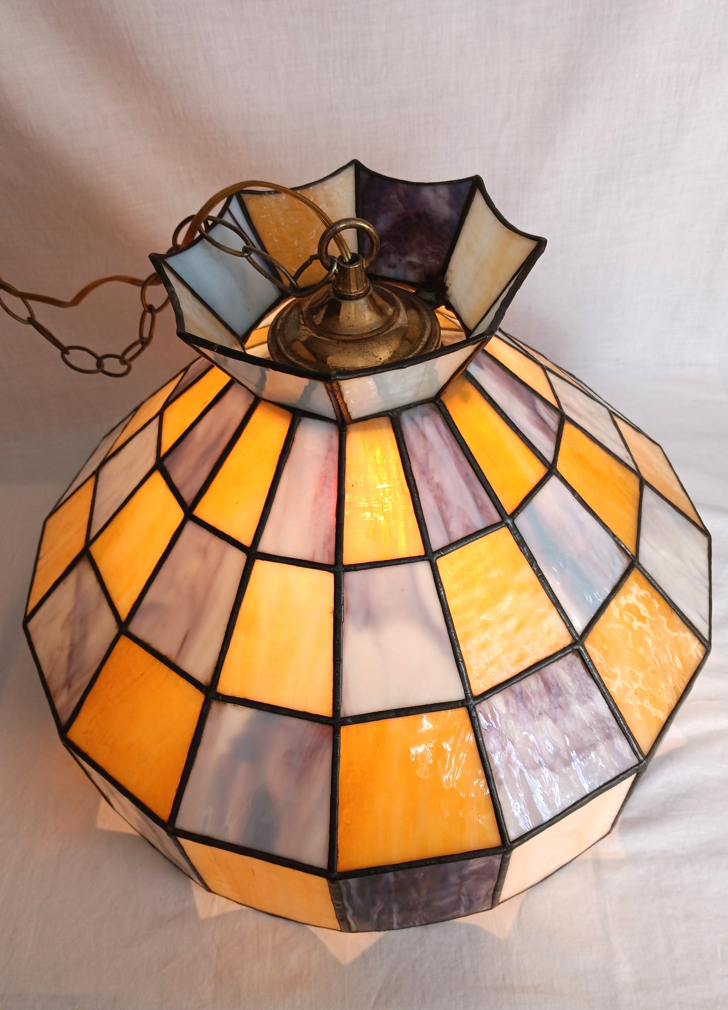 Pendant Ceiling Hanging Swag Lamp Tiffany Style Leaded Blue Yellow Tones Slag Glass Dome Shade Milk Glass Globe One Light Chain Plug In