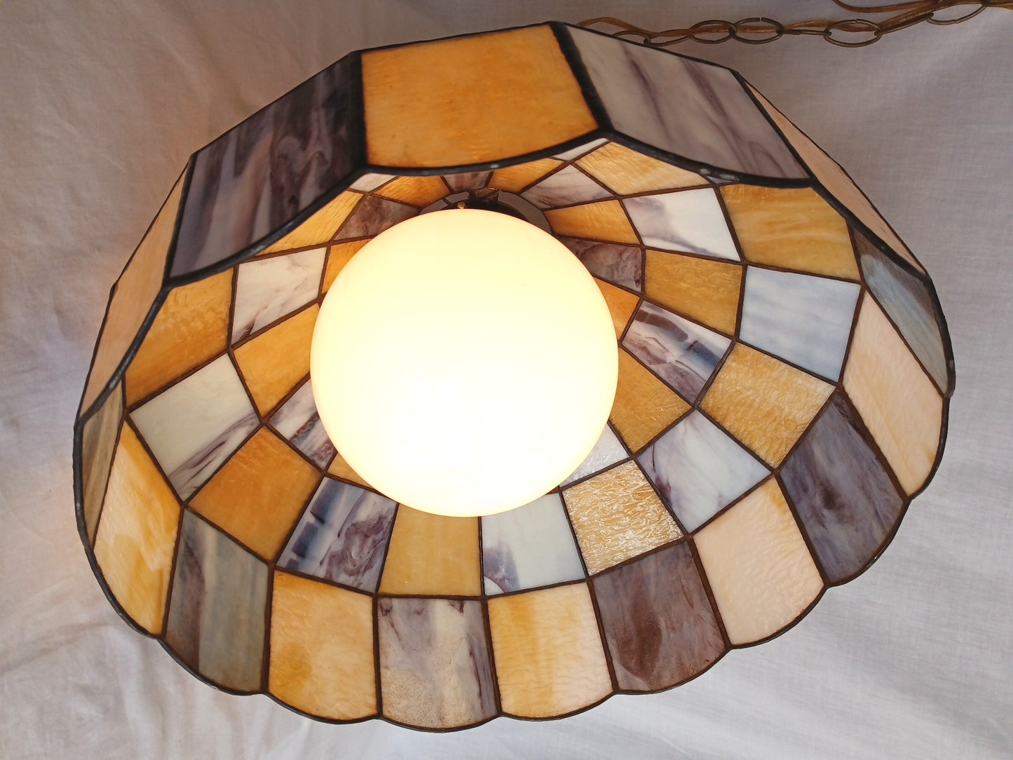 Pendant Ceiling Hanging Swag Lamp Tiffany Style Leaded Blue Yellow Tones Slag Glass Dome Shade Milk Glass Globe One Light Chain Plug In